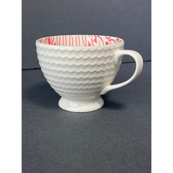Embossed Mug White Red Geometric Pattern Inside Scalloped Footed Coffee Cup - Picture 2 of 7